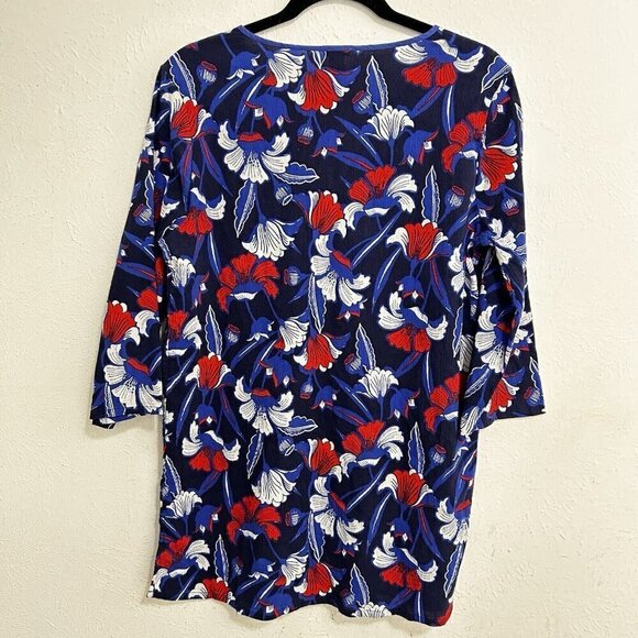 J. Crew Women's Navy Blue Red Floral 3/4 Sleeve Beach Tunic Coverup Size L Vacay - Picture 10 of 10